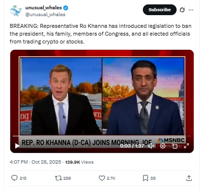 Crypto Trading Ban US - unusual whales X Post