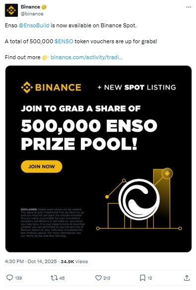 ENSO Token Listing - Binance X Post