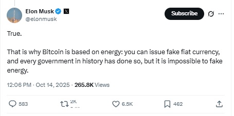 Elon Musk X Post Bitcoin