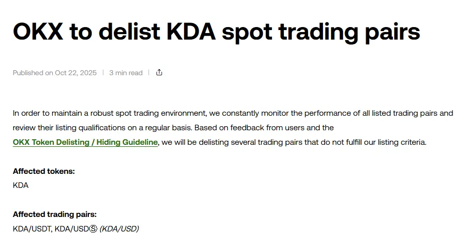Kadena KDA Coin Delisting on OKX