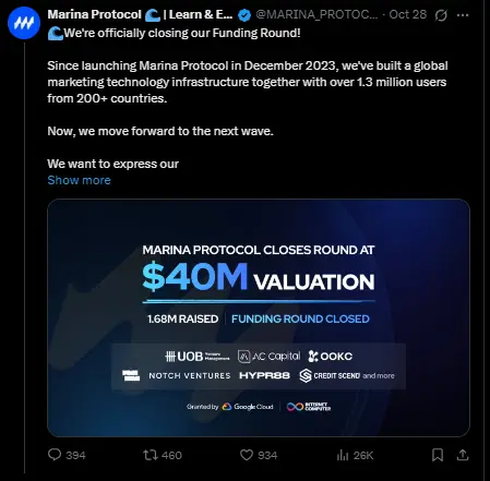 Marina Protocol Airdrop Funding Round