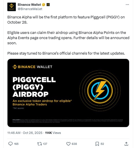 PIGGY Listing Date Binance X Post