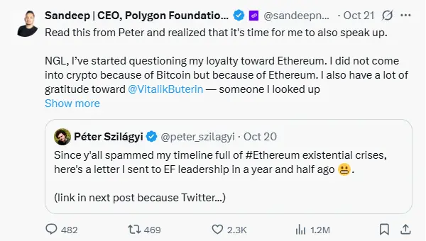 Polygon Founder's Tweet about Ethereum Foundation