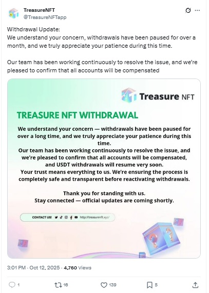 Treasure NFT Withdrawal Update