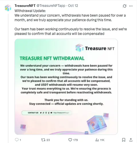 Treasure NFT Withdrawal Update