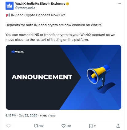 WazirX INR Deposits Live
