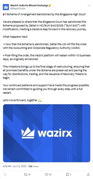 WazirX News - X Post