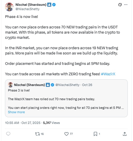 WazirX Phase 4 live Nischal Shetty X Post