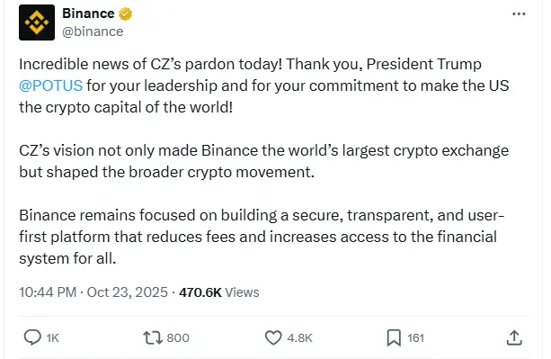 Binance Founder CZ Got Pardon Form Donald Trump