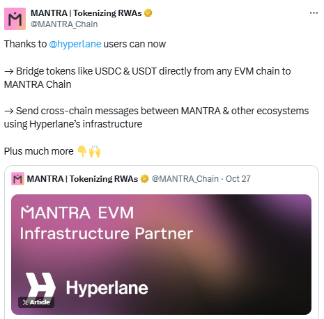 MANTRA integrates Hyperlane, अब हर ट्रांज़ैक्शन पर फ़ायदा