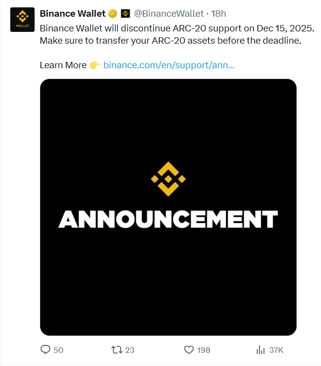 Binance Wallet Removes Support from ARC-20 Token