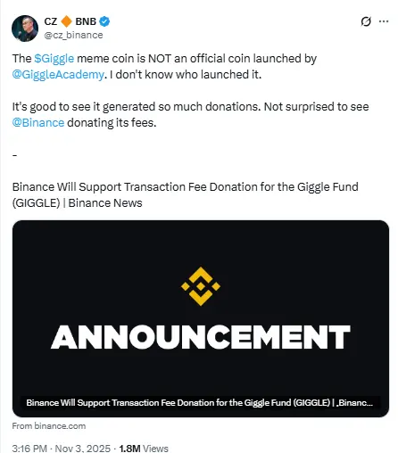 CZ Post about Giggle Coin