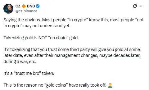 CZ views about Tokenized Gold 