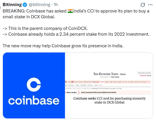 Coinbase का बड़ा कदम, DCX Global डील के लिए CCI Approval मांगा