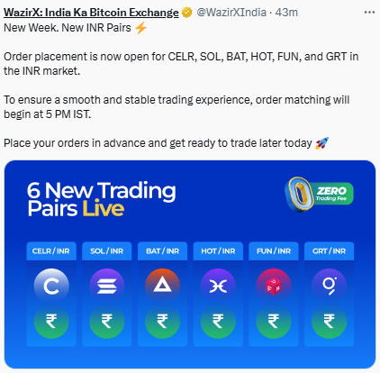 WazirX new INR trading pairs आज शाम लॉन्च होंगे, जानिए पूरी डिटेल