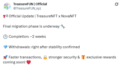 TreasureNFT Update, टीम ने दोहराया 2 Weeks Migration टाइमलाइन