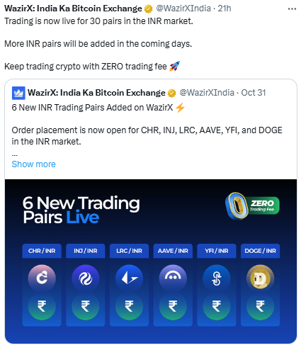WazirX INR Trading Pair पर ट्रेड करो बिना किसी फीस के, 30 पेयर्स फ्री