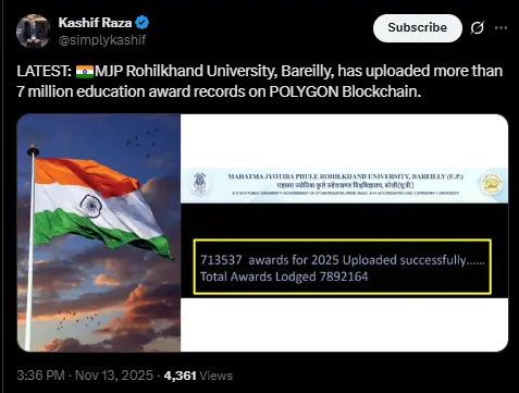Polygon Blockchain पर अपलोड हुए MJP Rohilkhand University के रिकॉर्ड